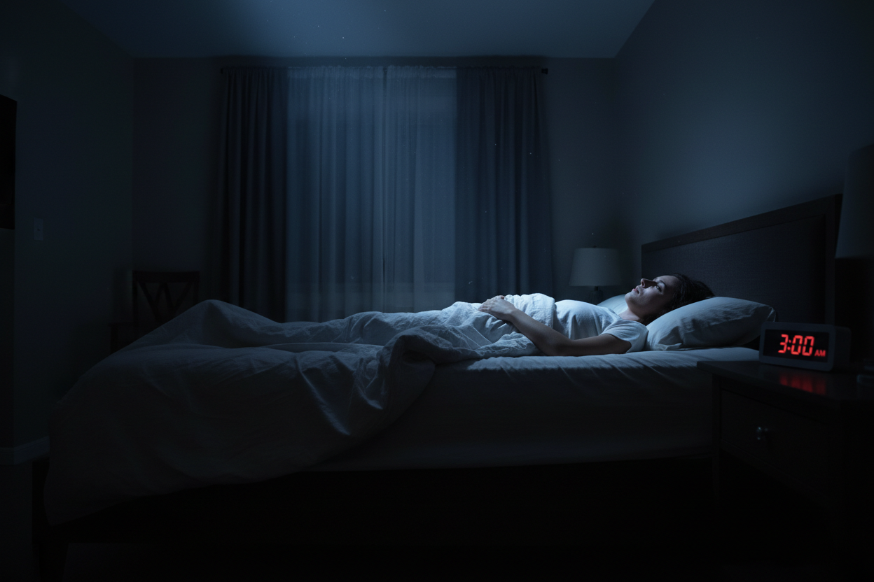 Woman lying awake in bed at 3 a.m. unable to fall back asleep