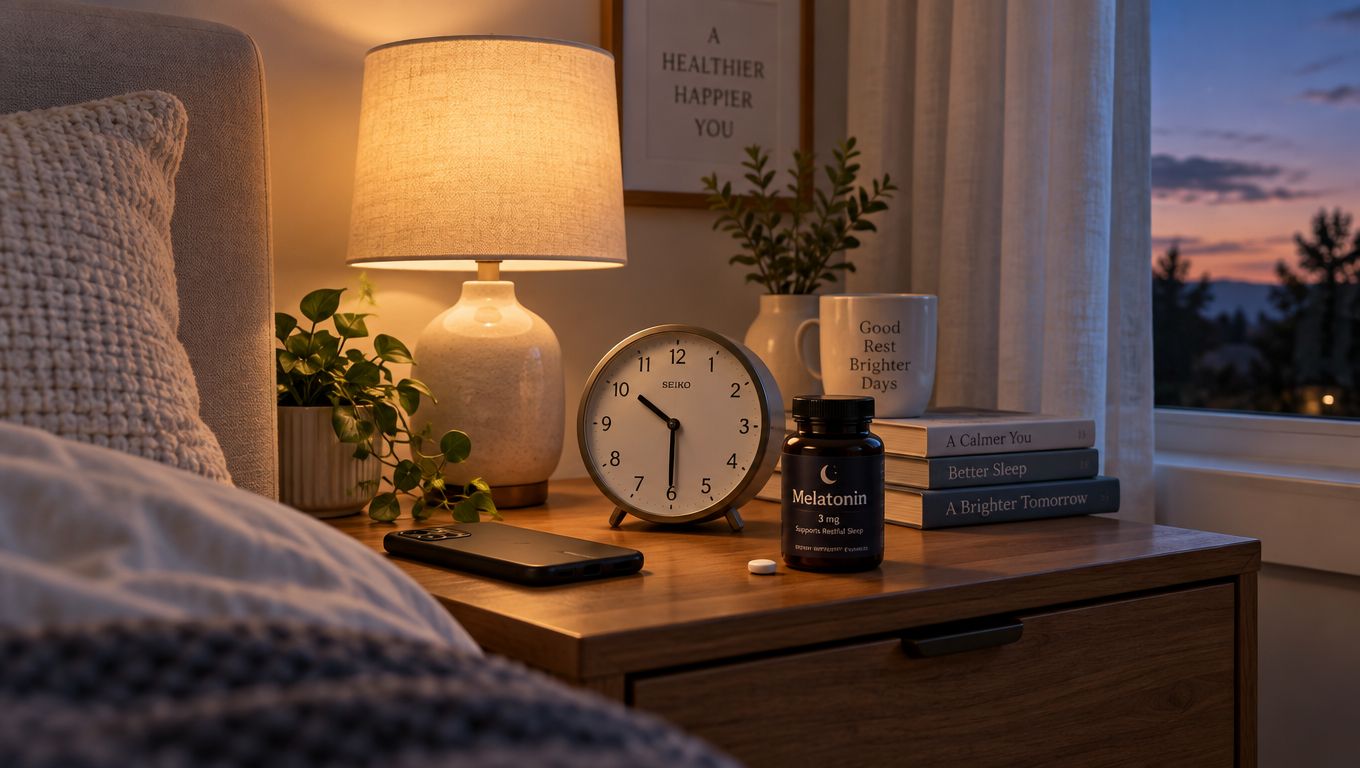 Melatonin on a bedside nightstand at night