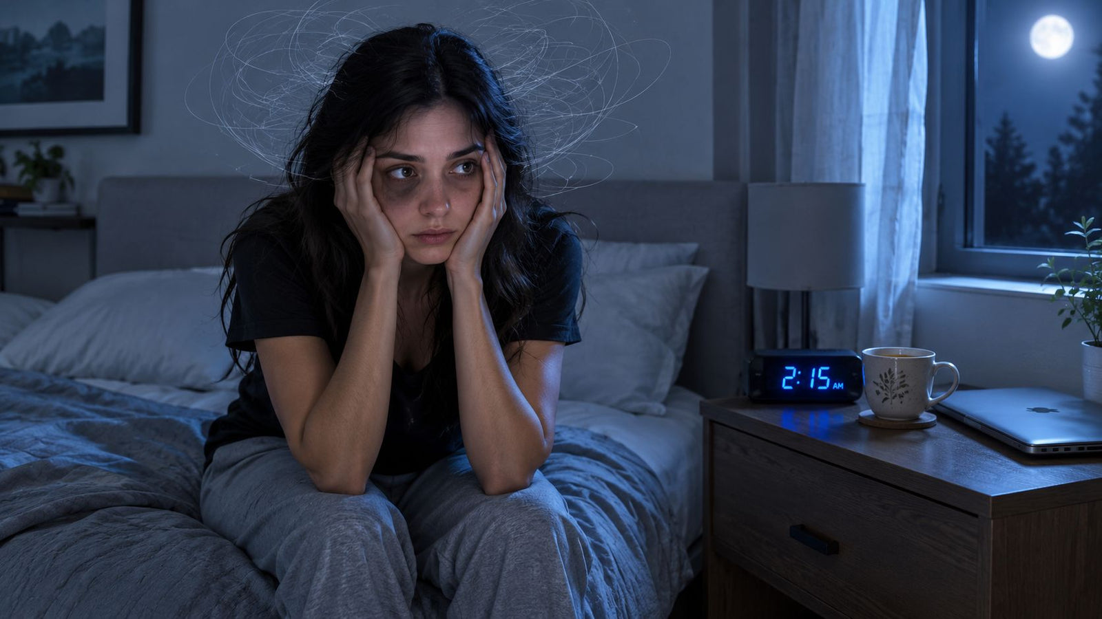 Woman lying awake in bed unable to sleep from stress