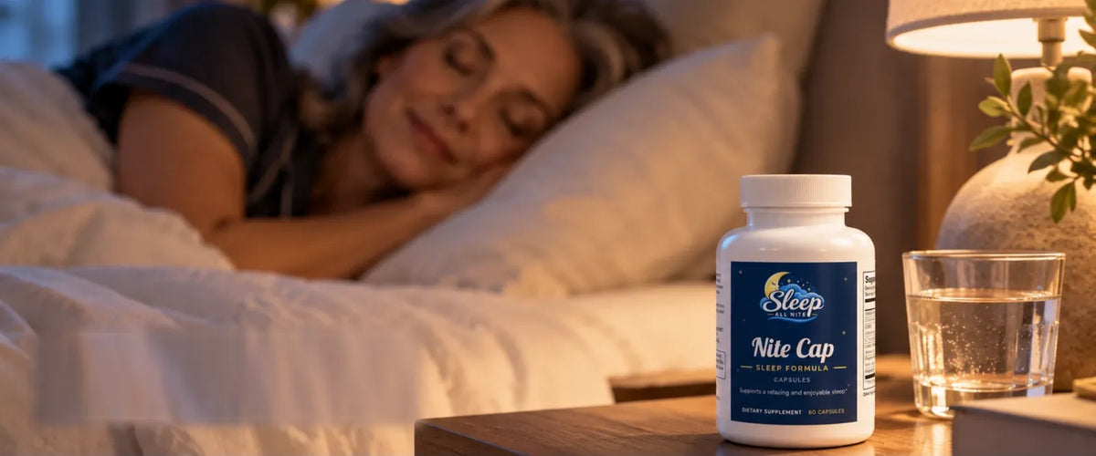 A bottle of Nite Cap on a bedside table beside a sleeping woman