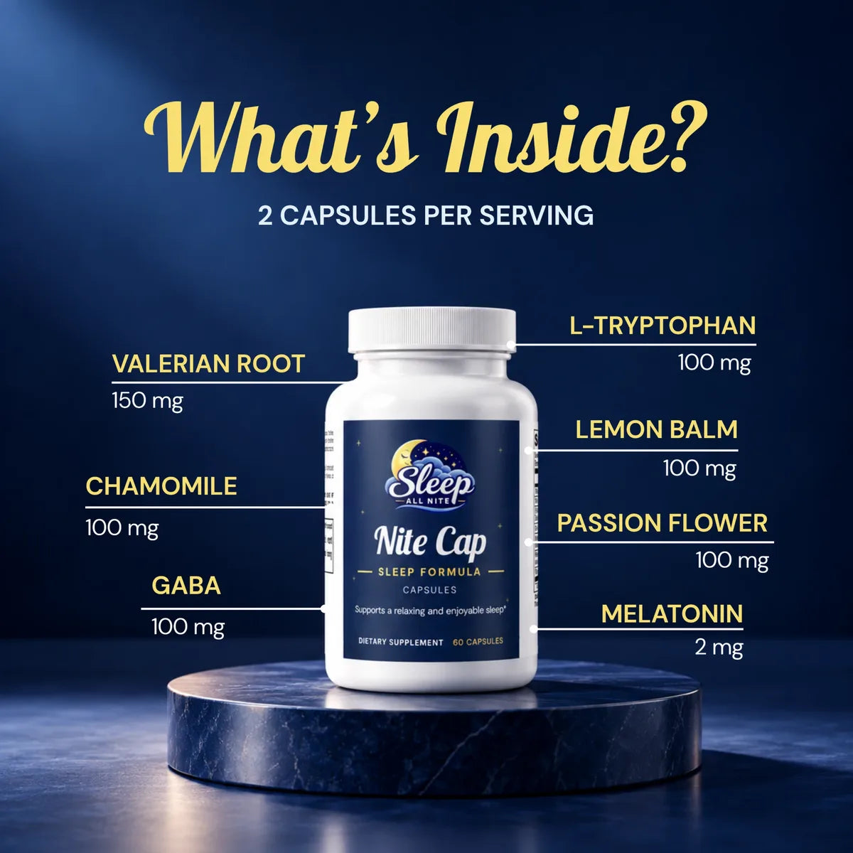 What's inside Nite Cap, per 2-capsule serving: valerian root 150 mg, chamomile 100 mg, GABA 100 mg, L-tryptophan 100 mg, lemon balm 100 mg, passion flower 100 mg, melatonin 2 mg