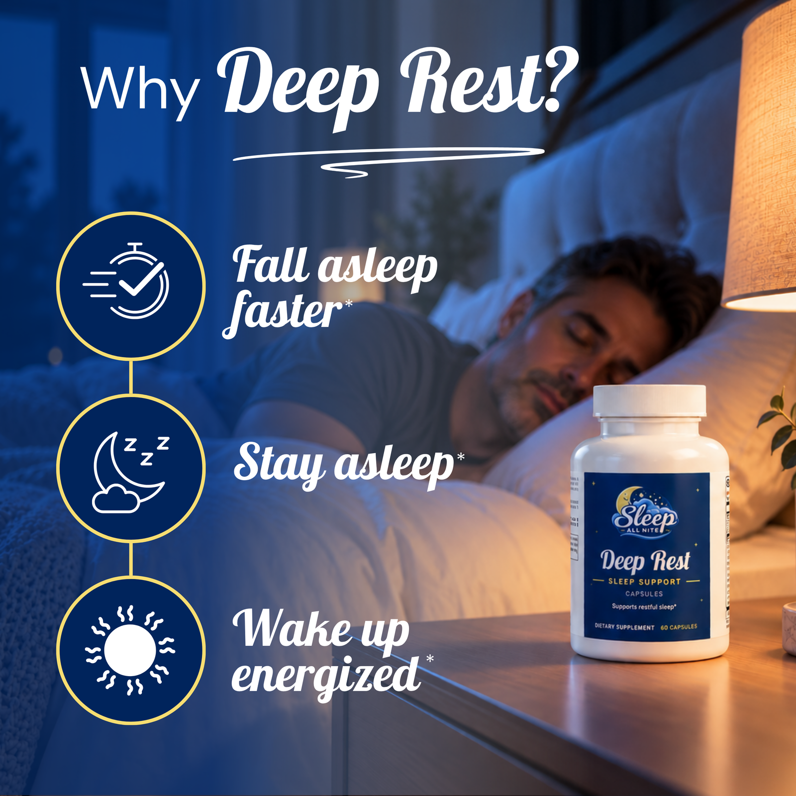 A white bottle of Sleep All Nite Deep Rest Sleep Support dietary supplement capsules, shown on a clean white background with capsules placed in front of the bottle.